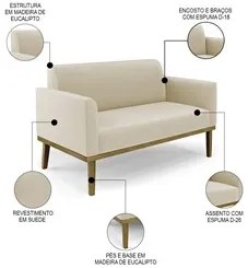 Sofá Namoradeira e 1 Poltrona Base Madeira Castanho Maressa Suede Bege