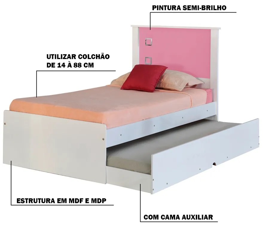 Cama Bibox Solteiro Reino Branco/Rosa G68 - Gran Belo