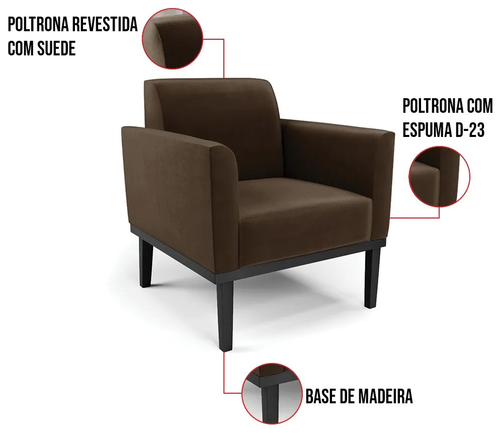 Poltrona Base de Madeira Fixa Preto Marisa Suede  D03 - D'Rossi - Marrom