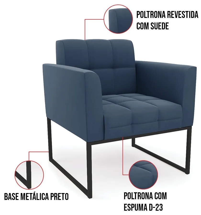 Kit 1 Sofá Namoradeira e 2 Poltronas Elisa Suede Base Metálica Industrial Preto D03 - D'Rossi - Azul Marinho