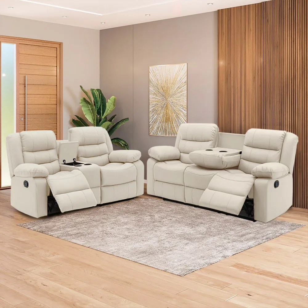 Conjunto de Sofás 2 e 3 Lugares Sala de Estar Reclinável Hollywood Manual Aquecimento Massagem Porta Copos PU Bege G94 - Gran Belo