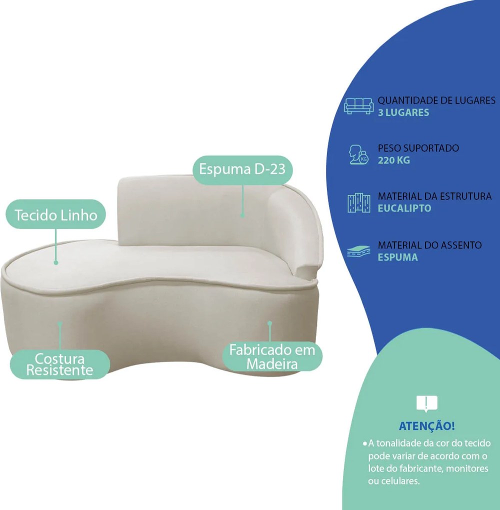 Divã Recamier Curvo Sala de Estar Recepção Marrocos 150cm Lado Esquerdo Linho