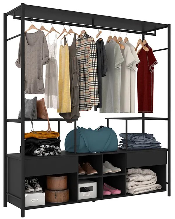 Guarda Roupa Casal Closet Barcelona 02 Gavetas Preto A04 - D'Rossi