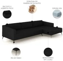 Sofá 5 Lugares 326cm Com Chaise Direito Eko Couro Preto Z55 - Mpozenat