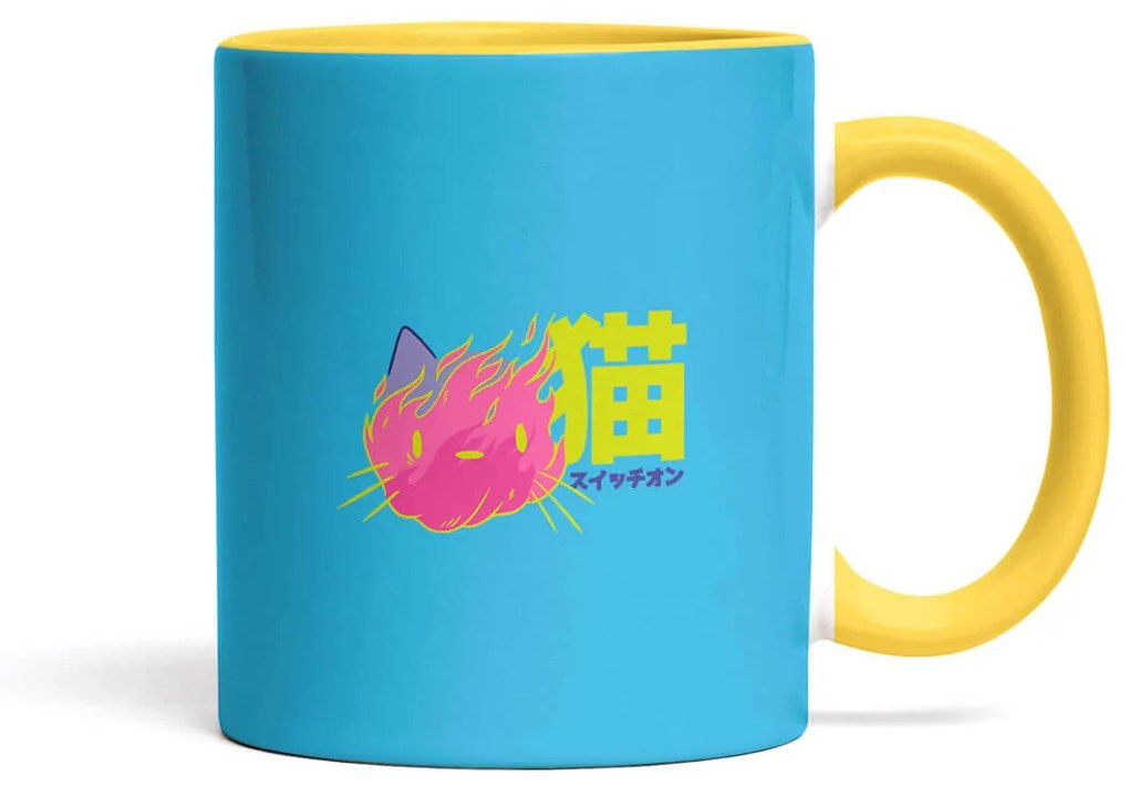 Caneca Cyberpunk Cat Nerd Azul com Alça Amarela