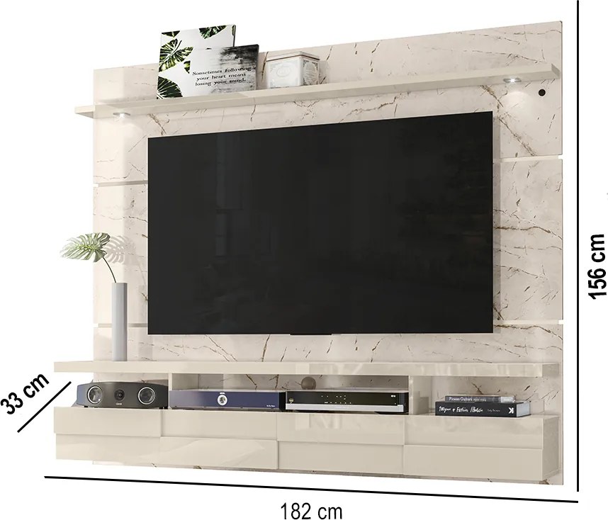 Painel TV 60 Pol 182cm Bancada Suspensa para Sala Quelen Calacata/Off White M20 - D'Rossi