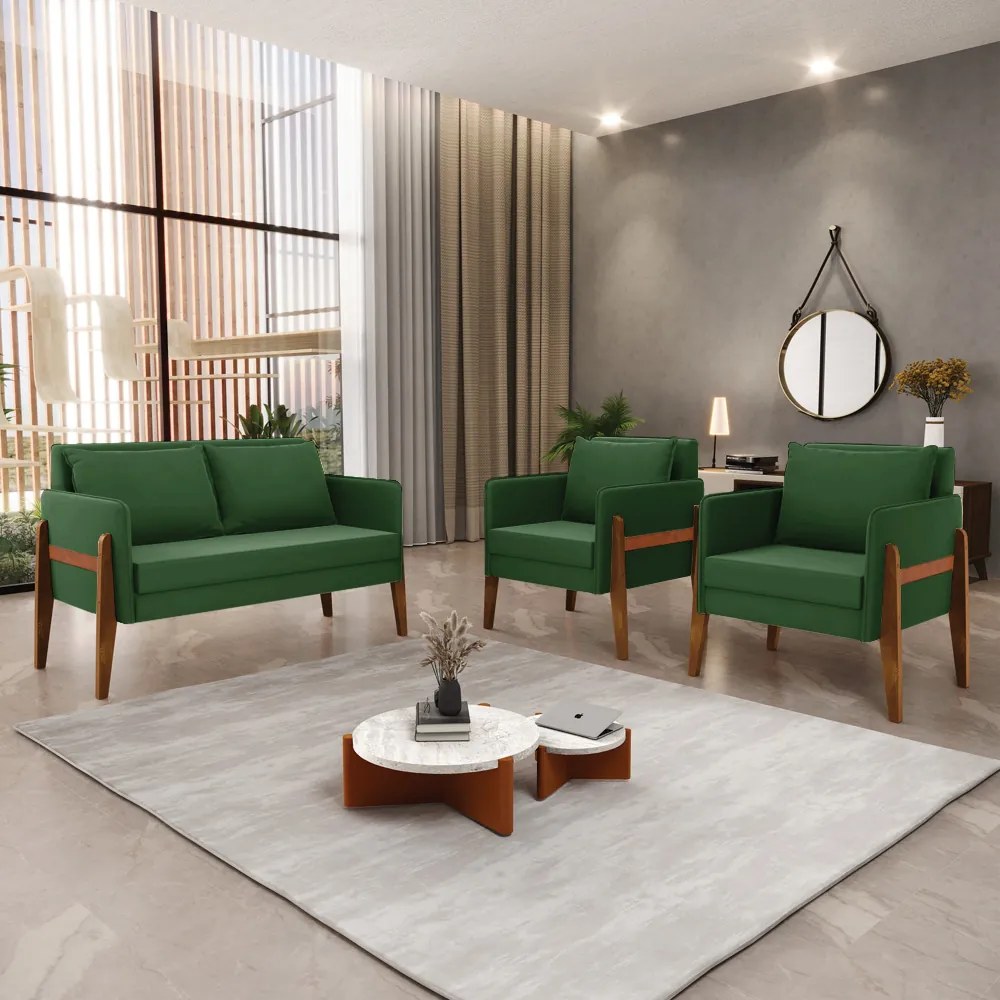 Kit 1 Sofá Namoradeira e 2 Poltronas Lana Suede Verde Base de Madeira - D'Rossi