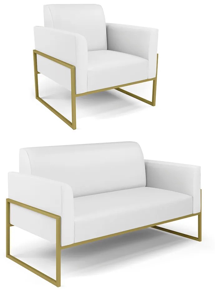 Sofá Namoradeira com Poltrona Base Industrial Alta Dourado Marisa Corino D03 - D'Rossi - Branco