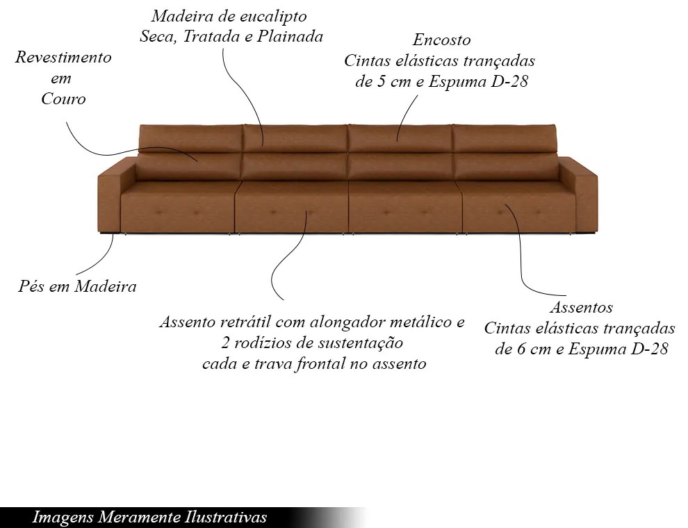 Sofá Retrátil 8 Lugares 484cm 4 Módulos Nero Couro Manchado Claro G52 - Gran Belo