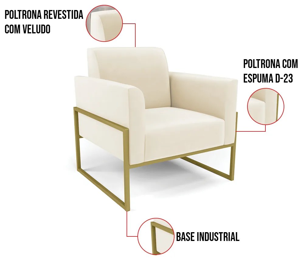 Kit 2 Poltronas Base Industrial Alta Dourado Marisa Veludo D03 - D'Rossi - Bege