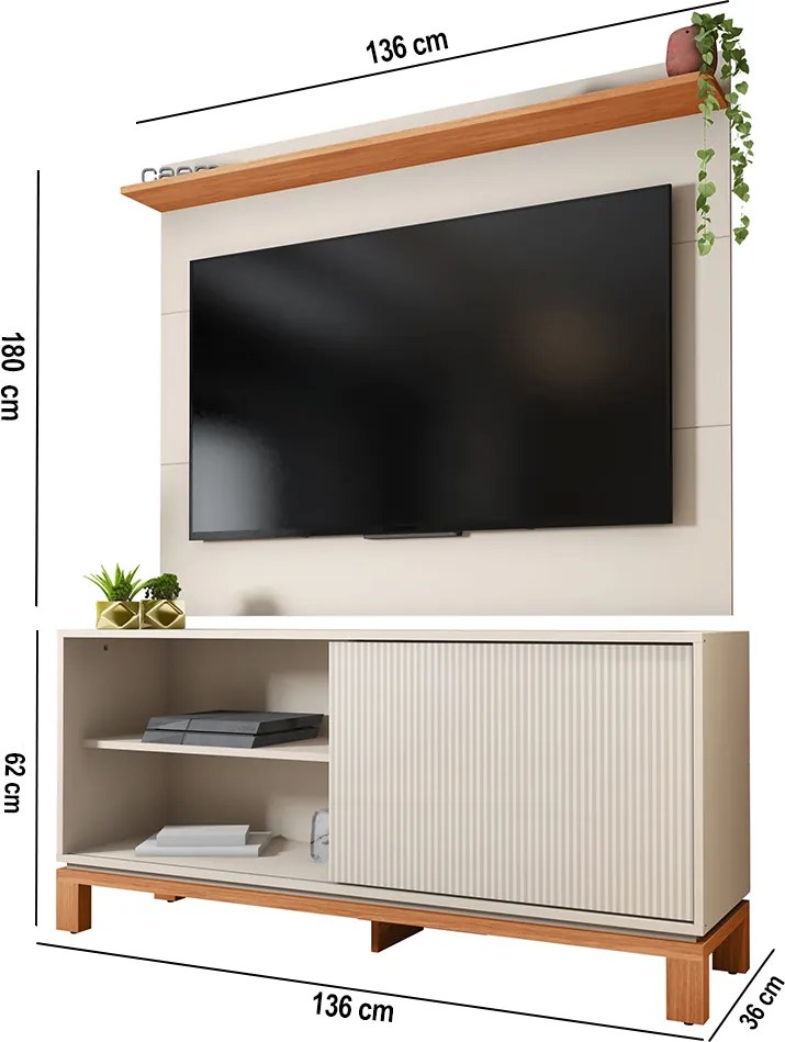 Painel TV 45 Pol 136cm com Rack Bancada para Sala Visari Off White/Freijó C01 - D'Rossi