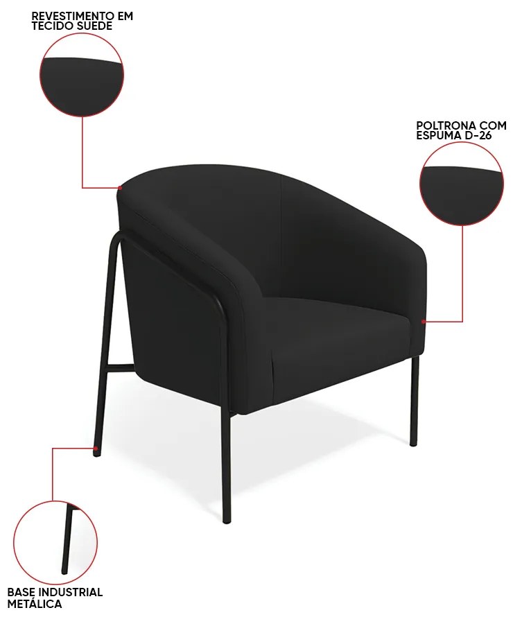 Poltrona Sala Industrial Alta Preto Stella Suede D03 - D'Rossi - Preto