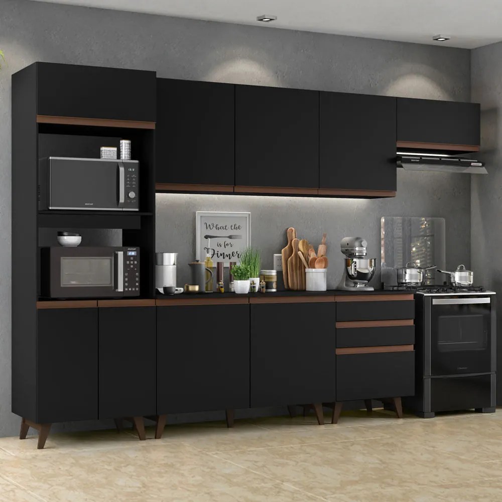 Armário de Cozinha Completa 320cm Preto Reims Madesa 01 Cor:Preto