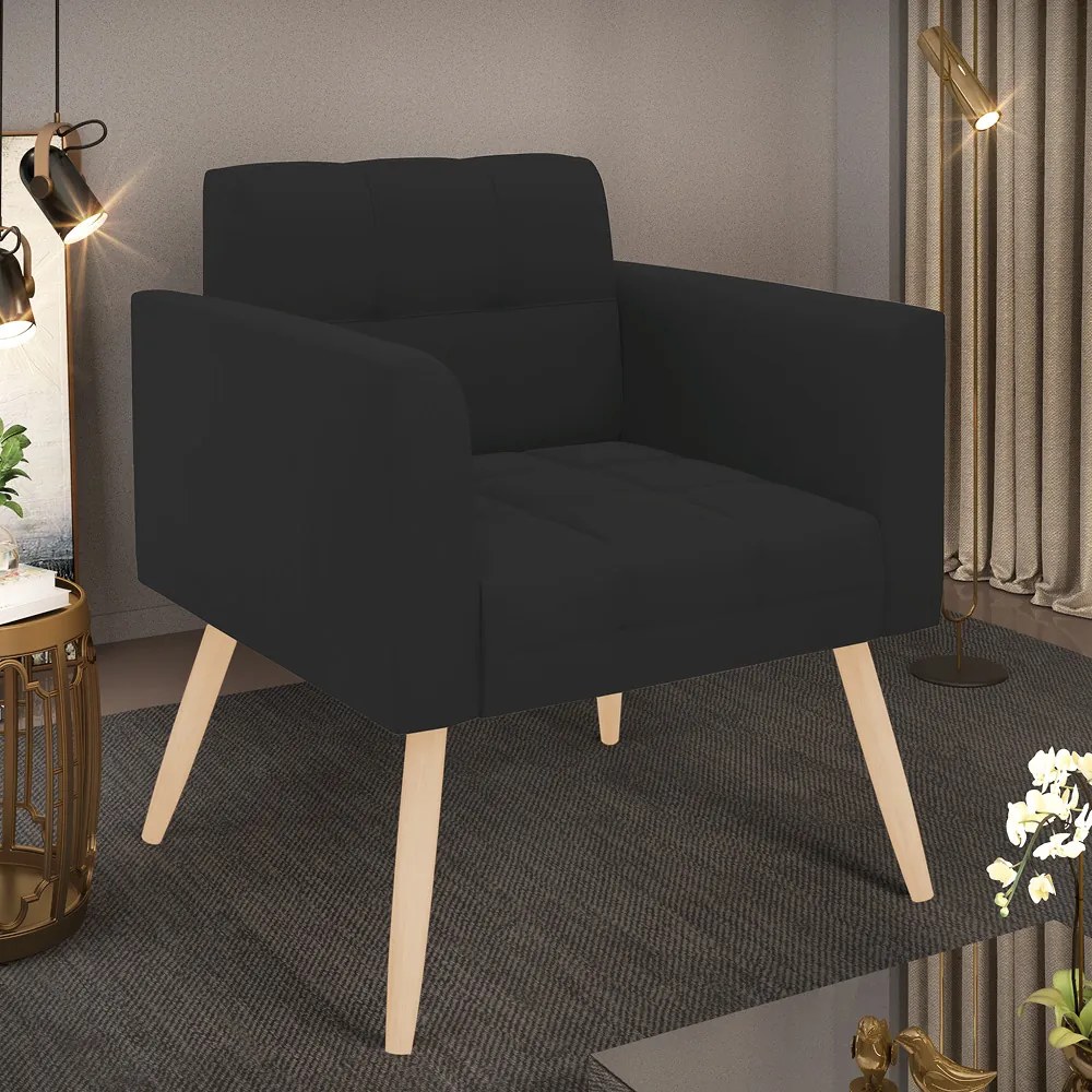Poltrona Elisa Veludo Pés Palito Natural D03 - D'Rossi - Preto