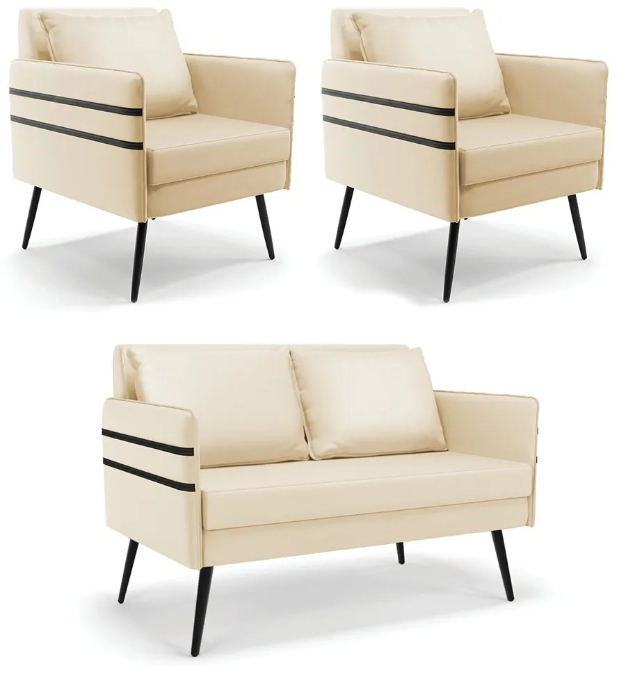 Kit 01 Namoradeira 02 Lugares e 02 Poltronas Mari Corino Bege Pés Palito de Ferro