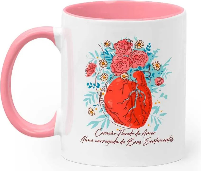 Kit Copo Térmico Com Abridor e Caneca Coração Florido de Amor