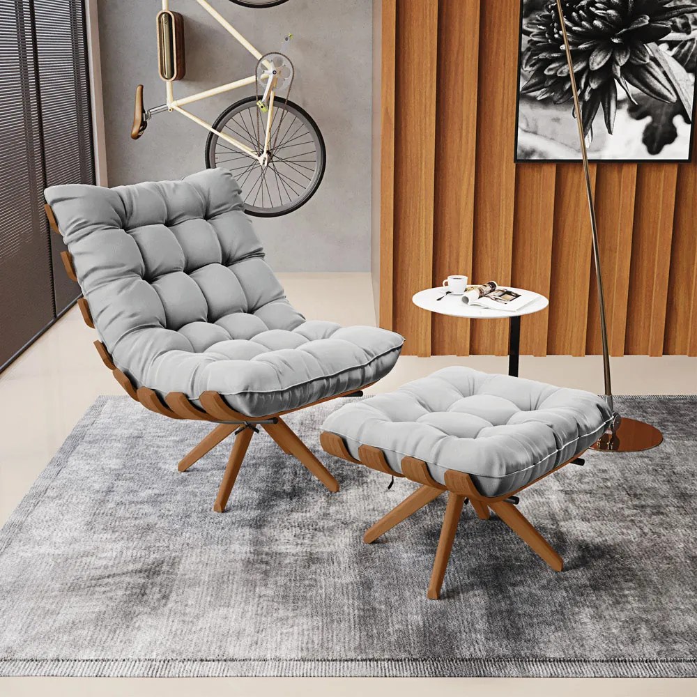 Puff Giratório Costela Suede Cinza Base de Madeira MA30 M11 - D'Rossi