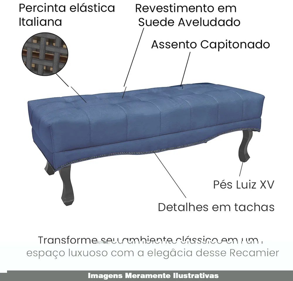 Recamier Decorativo 195cm Loewe Suede Pés de Madeira Azul Marinho G63 - Gran Belo