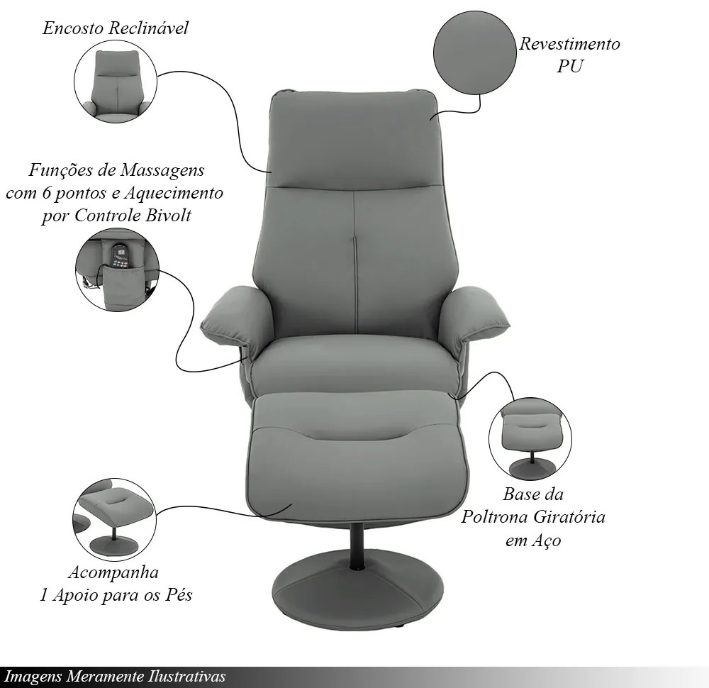 Poltrona de Massagem Reclinável e Giratória Nebraska com Apoio de Pés Pu G56 - Gran Belo - Cinza