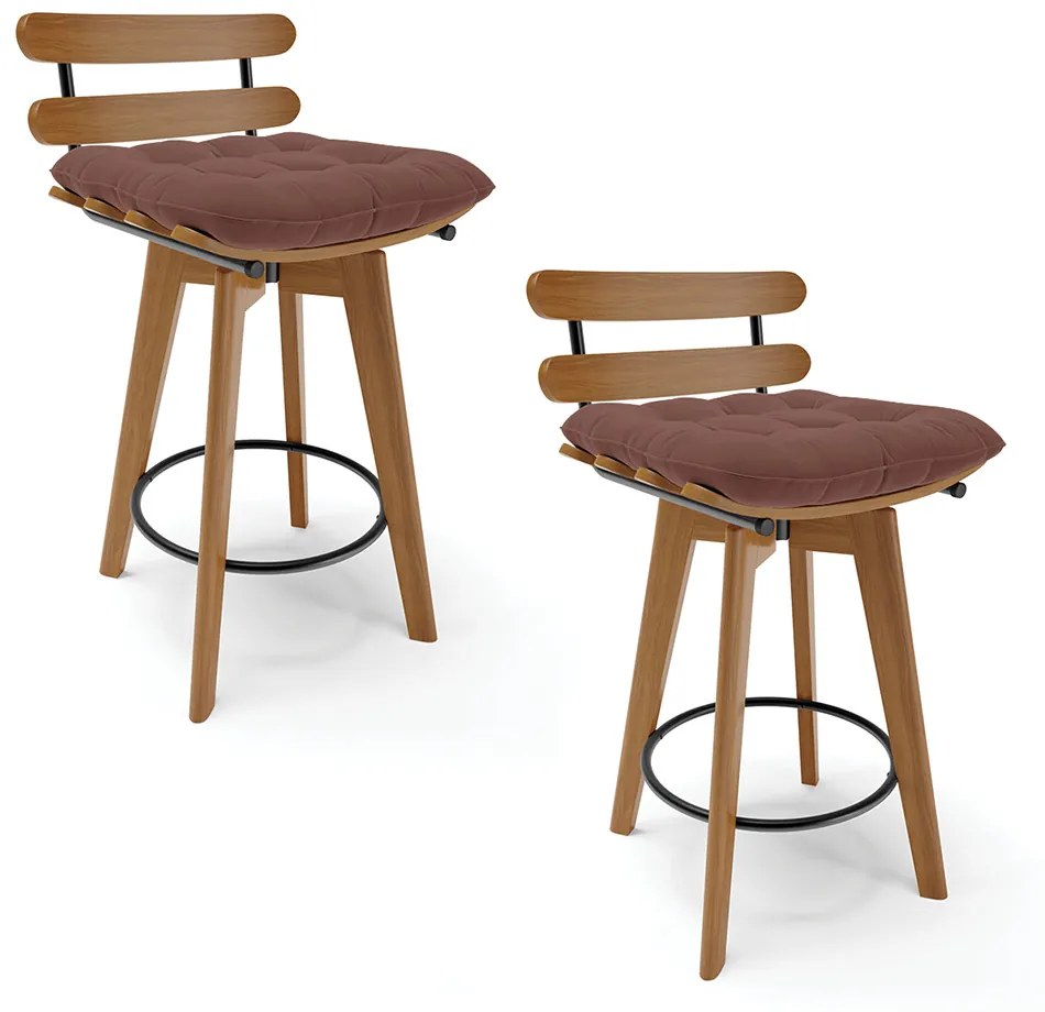 kit 02 Banquetas Giratória Costela Veludo Rosê Base Madeira MA70 - DRossi