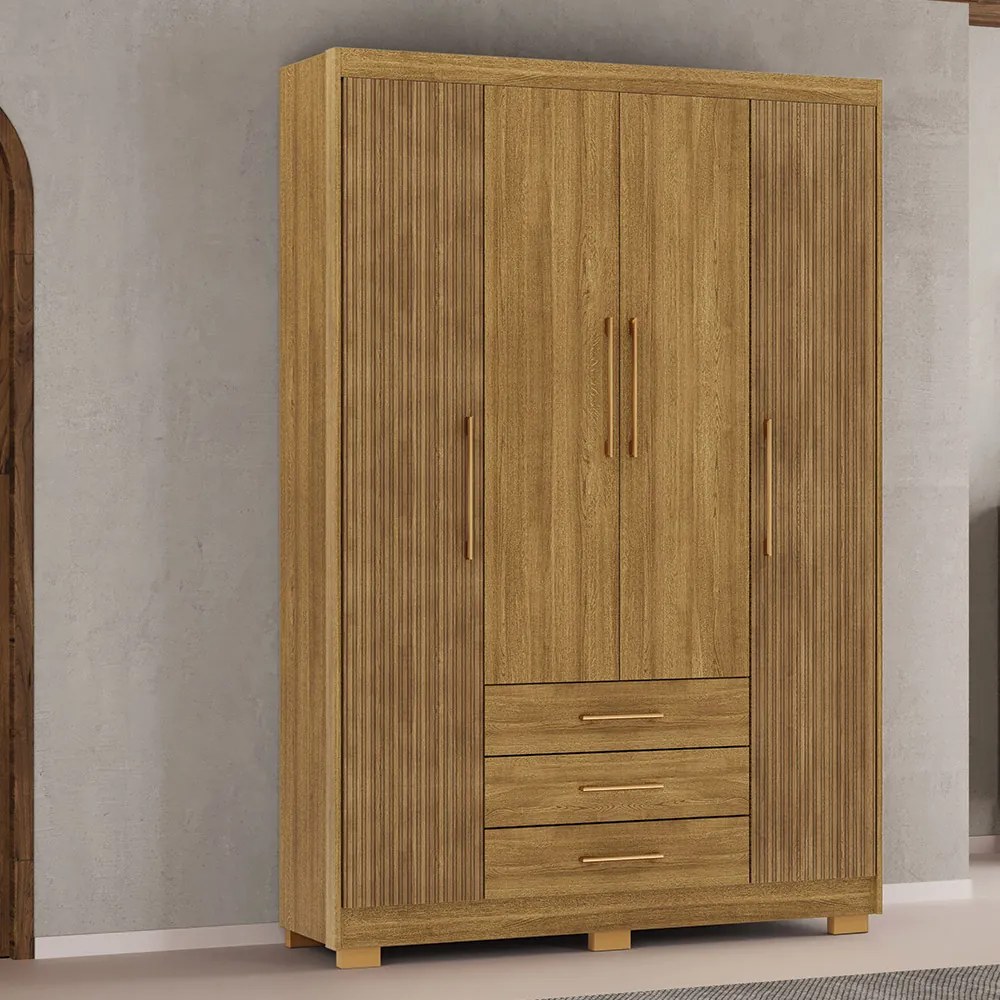 Guarda Roupa Solteiro Linna 150cm 4 Portas de Bater 3 Gavetas Nature G98 - Gran Belo