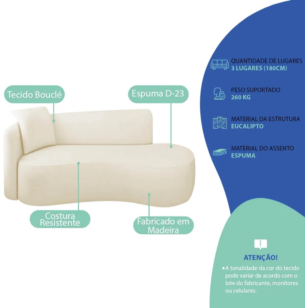 Divã Recamier Suíça Curvo Sala Recepção 180cm Lado Direito Bouclé