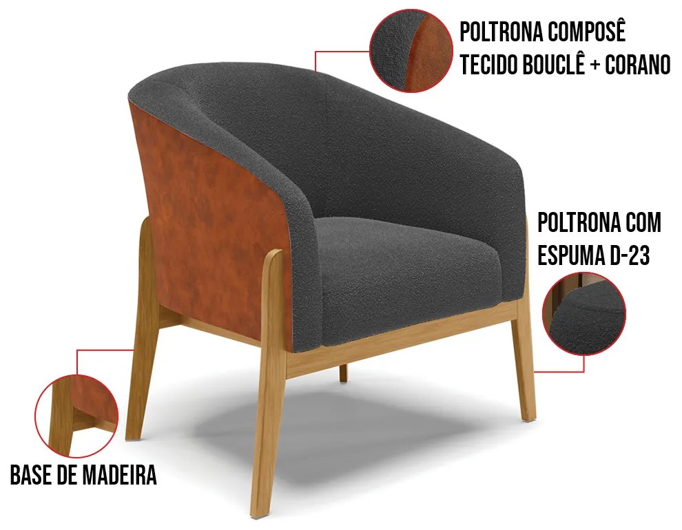 Poltrona e Puff Decorativo Base Madeira Stella PU Nozes/Bouclê D03 - D'Rossi - Grafite