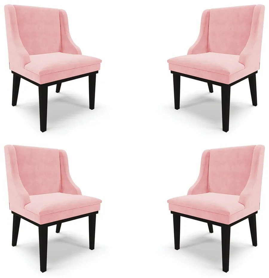 Kit 4 Cadeiras Decorativas Sala de Jantar Base Fixa de Madeira Firenze Suede Rosa Bebê/Preto G19 - Gran Belo