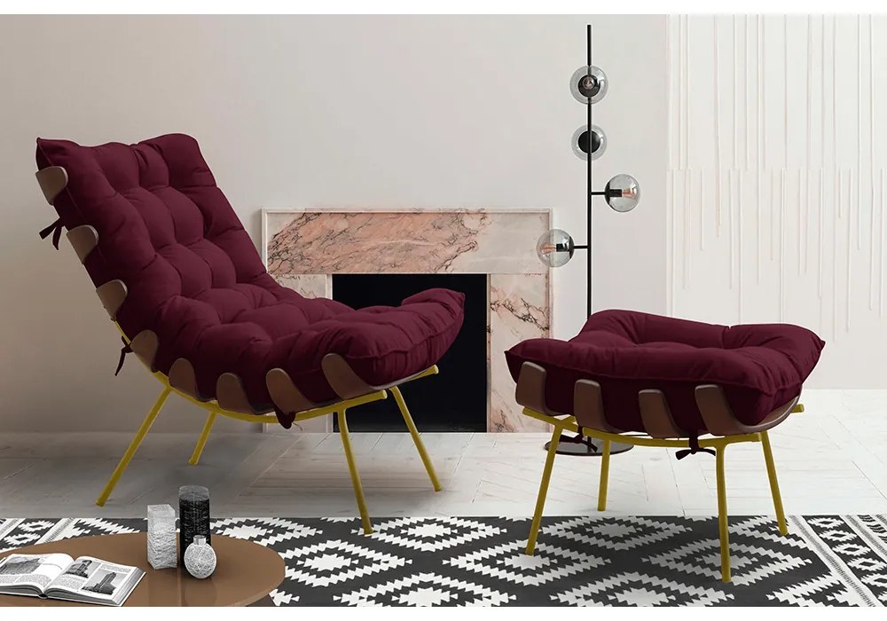 Conjunto Decorativo Poltrona e Puff Abel Base de Madeira Dourada Suede Bordô G41 - Gran Belo