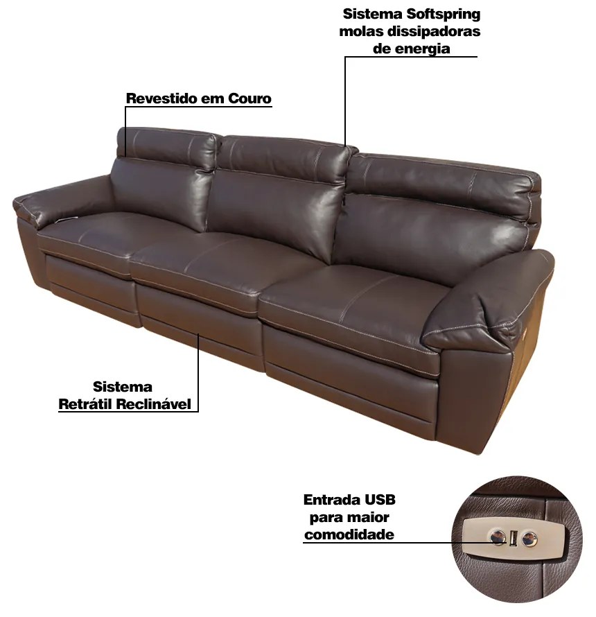 Sofá 3 Lugares Reclinável Elétrico Jotta 306cm Couro Marrone G43 - Gran Belo