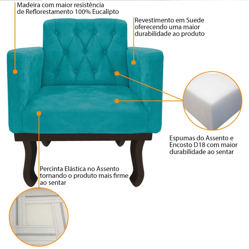 kit 02 Poltronas Classic Pés Luís XV Suede Azul Turquesa - ADJ Decor
