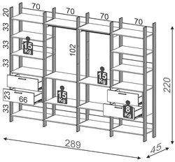 Guarda Roupa Closet Industrial 289cm 4 Gavetas 100% MDF TW406 Freijó/P
