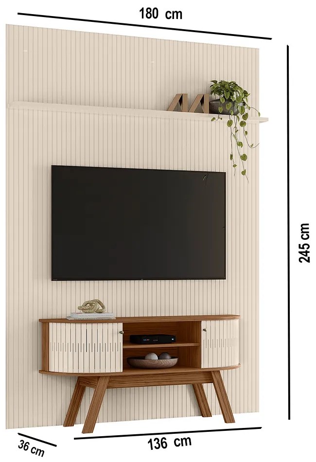 Painel TV 65 Pol 179cm Ripado Valen e Rack Bancada Rylan M20 - D'Rossi - Naturale(fosco)/Off White(brilho)