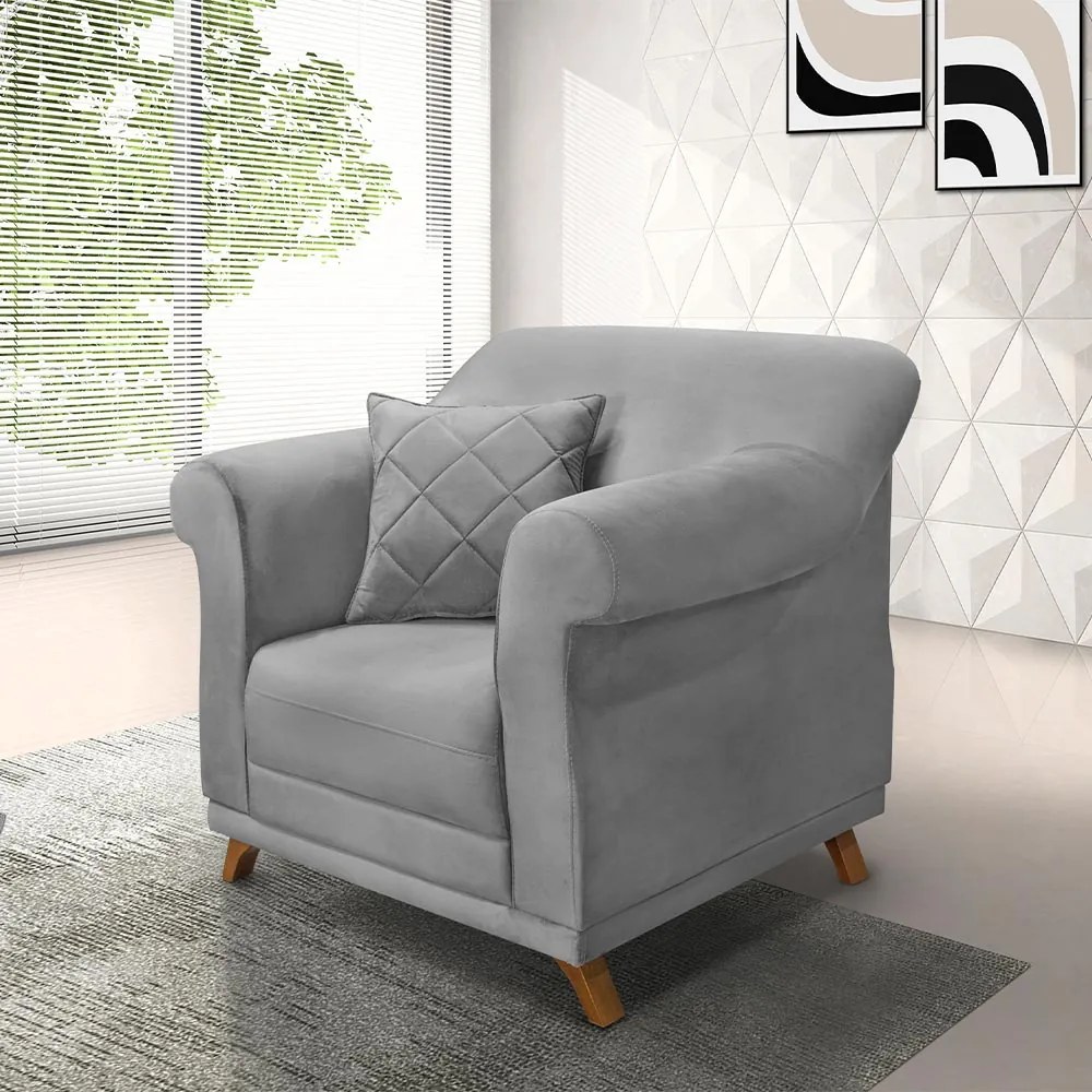 Poltrona Decorativa com 1 Almofada Armstrong Veludo Cinza G63 - Gran Belo