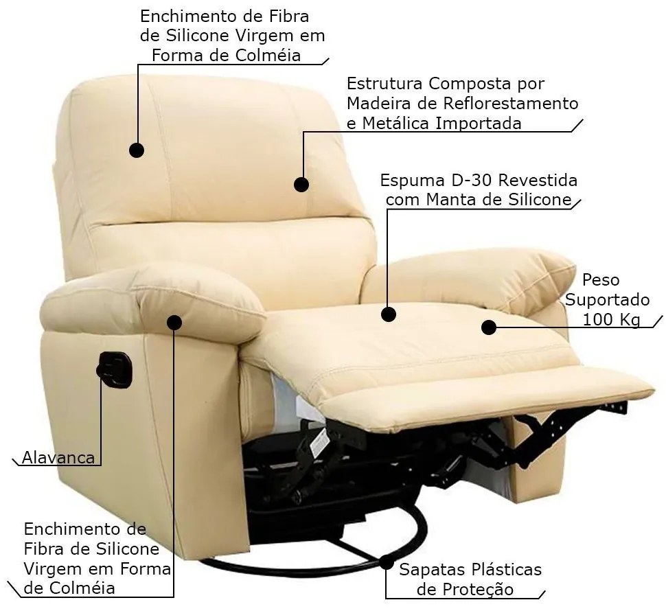 Poltrona do Papai Reclinável Giratória Armênia Glider Mecânico Couro Bege G40 - Gran Belo