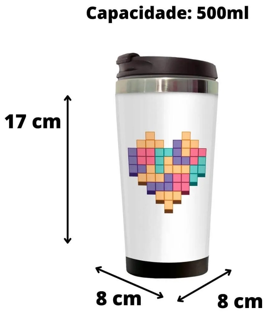 Copo Térmico 500ml Inox Coração Pixel
