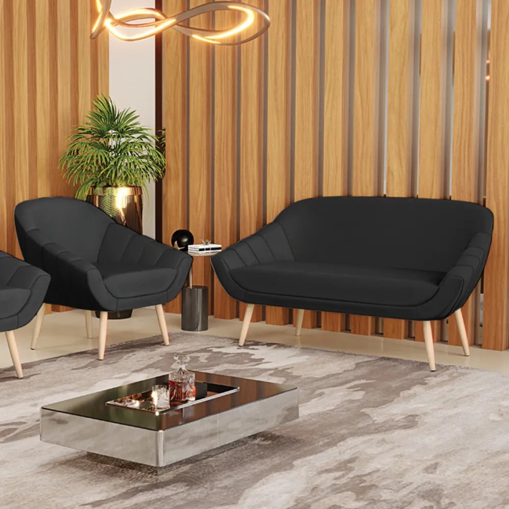 Kit 01 Namoradeira 02 Lugares e 01 Poltrona Giovana Corino Pés Palito Natural - Indo Decorar - Preto