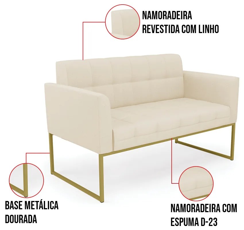 Kit 1 Sofá Namoradeira e 1 Poltrona Elisa Linho Base Metálica Industrial Dourado D03 - D'Rossi - A19 Bege