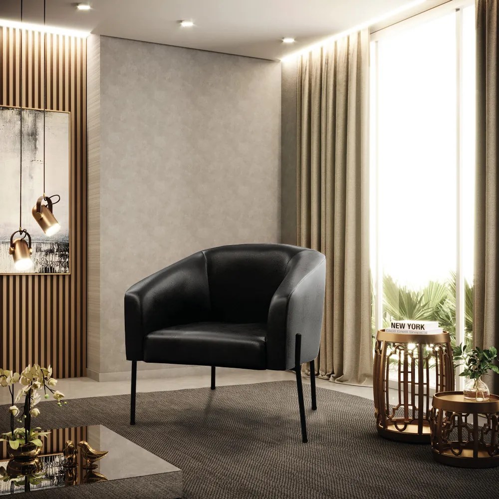 Poltrona Sala Decorativa Pé de Ferro Preto Kit 2 Stella Sintético PU D03 - D'Rossi - Preto