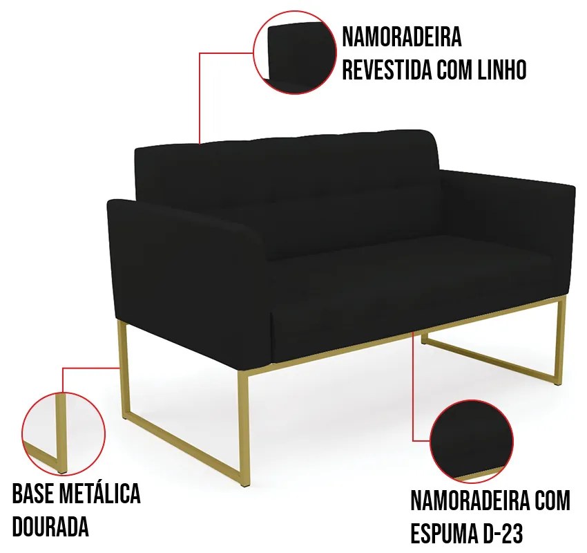 Kit 1 Sofá Namoradeira e 1 Poltrona Elisa Linho Base Metálica Industrial Dourado D03 - D'Rossi - A79 Preto