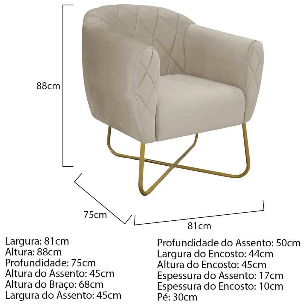 Poltrona Grazi  Base X Dourada Suede - ADJ Decor