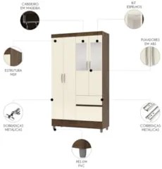 Guarda Roupa Solteiro 103cm Com Espelho Ideal Imbuia/Champanhe - Vila
