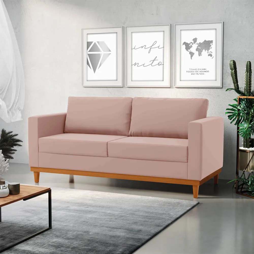 Sofá 03 Lugares Juliette Veludo Rosê Base Madeira Castanho