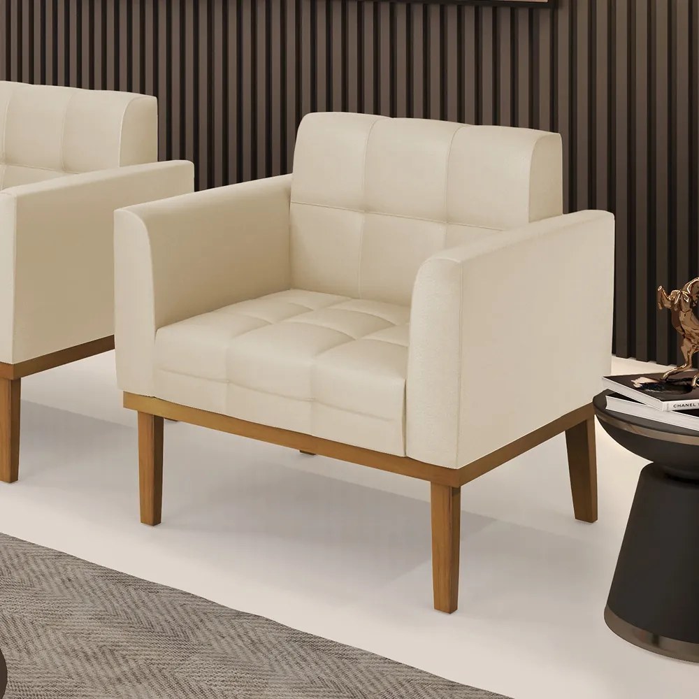 Poltrona Decorativa Karen Pés Fixo em Madeira Castanho PU Bege G19 - Gran Belo