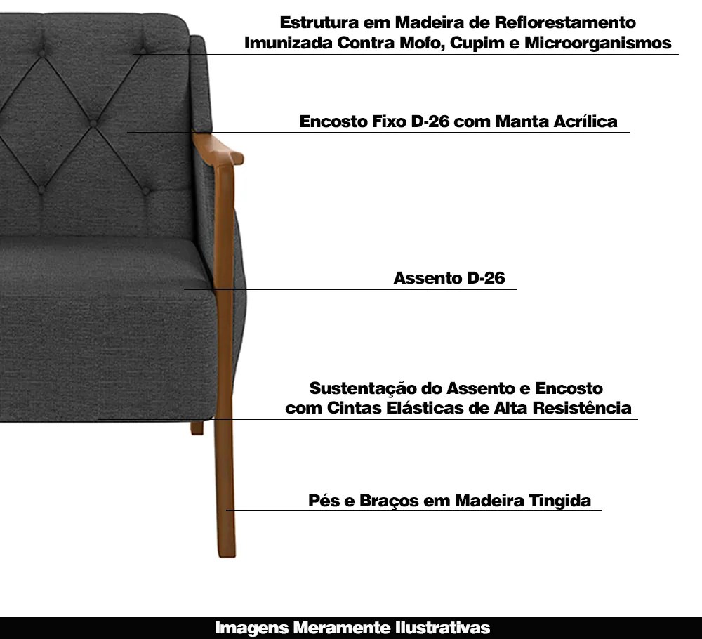Poltrona Decorativa Braços em Madeira Hand Linho Chumbo G45 - Gran Belo