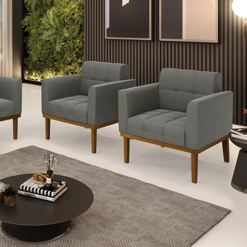 Poltrona Sala Decorativa Kit 2 Elisa Base de Madeira Castanho Suede D03 - D'Rossi - Grafite