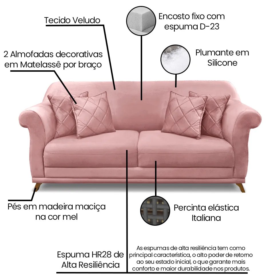 Sofá 3 Lugares Pé de Madeira Julieta 220 cm Veludo S04 - D'Rossi - Rosa