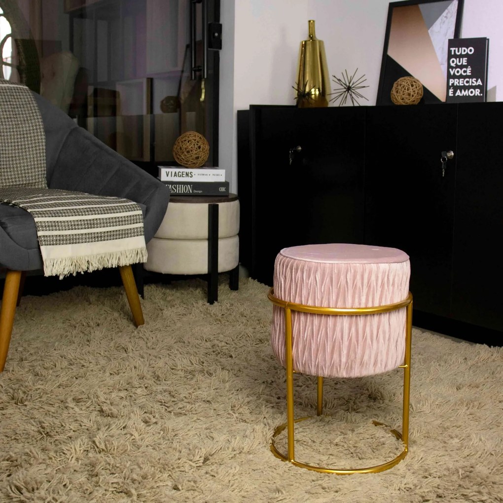 Puff Redondo Decoração de Natal Base de Ferro Dourado Veludo Rosê F04 - D'Rossi