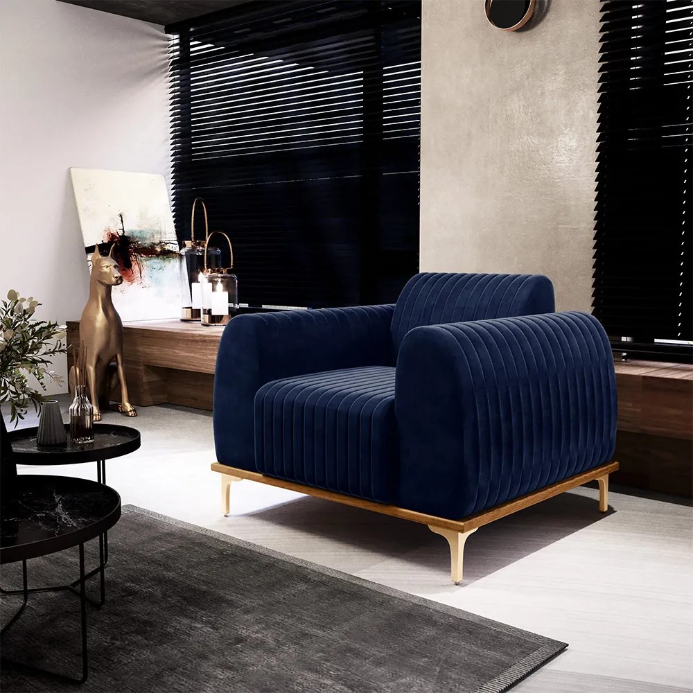 Kit 2 Poltronas Decorativas Sala de Estar Base de Madeira Euro Veludo Azul Marinho G15 - Gran Belo