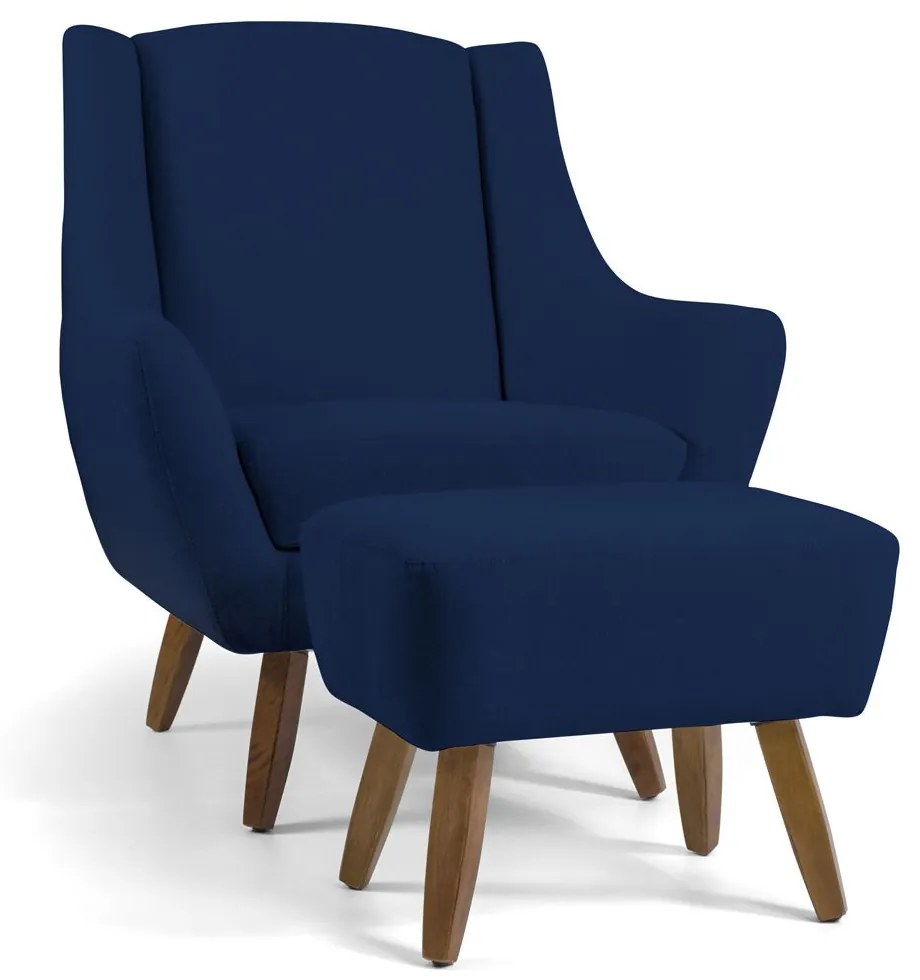 Poltrona Decorativa com Puff Sala de Estar Pés de Madeira Naomi Veludo Azul Oxford G15 - Gran Belo